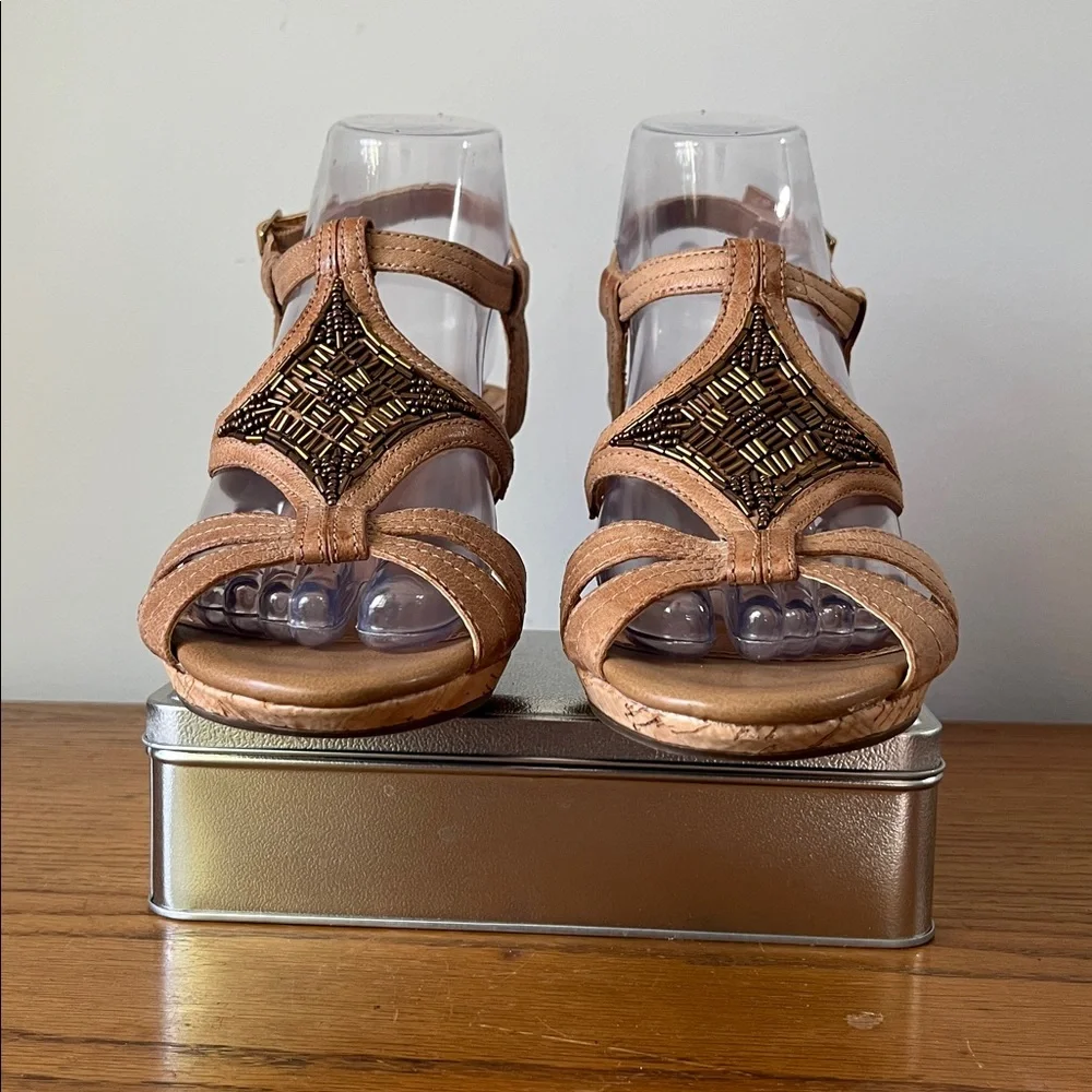 Clark Beaded Cork Wedge Leather Sandals Tan Brown Bronze Size 7.5
